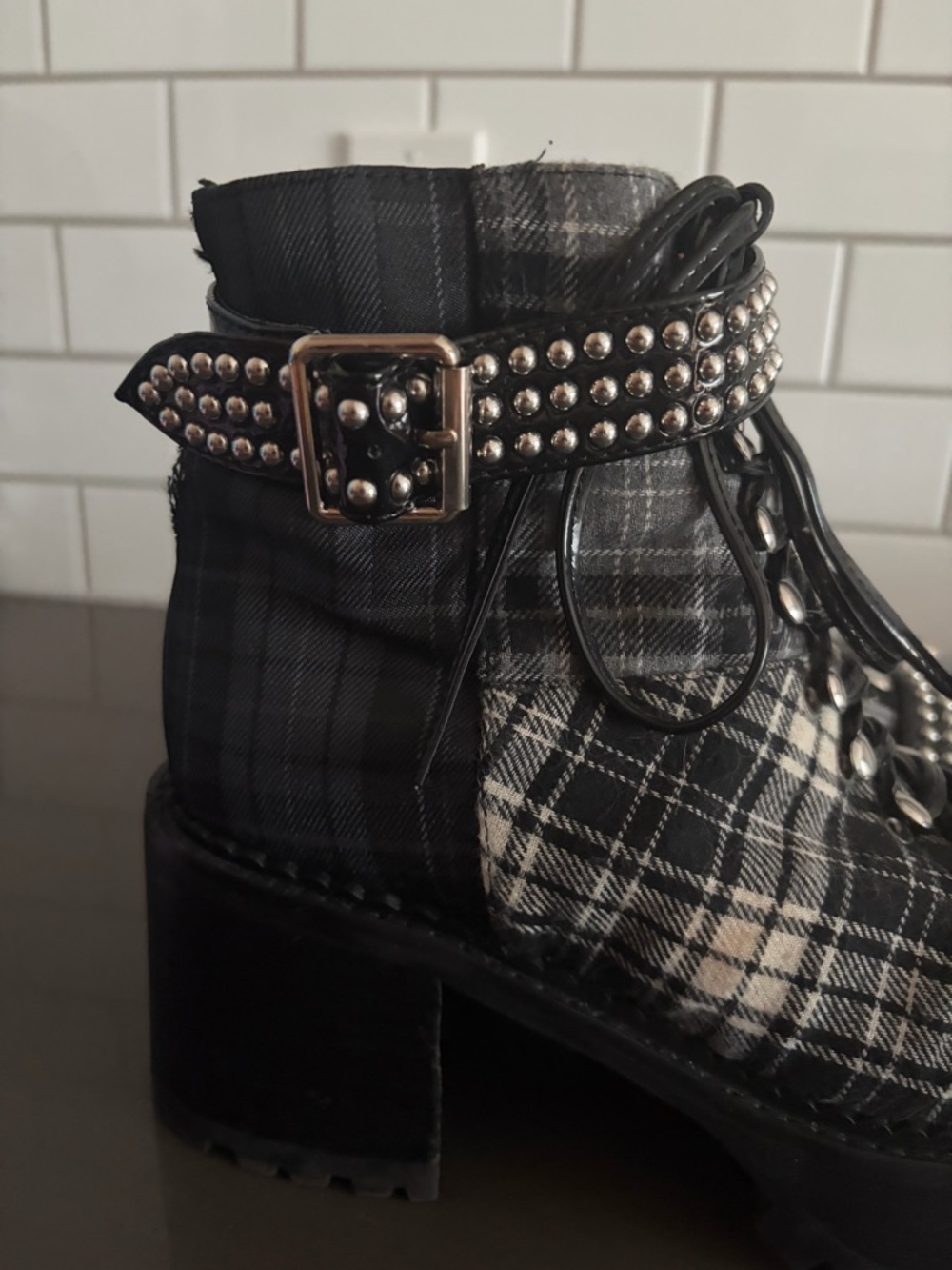 Jeffrey Campbell Helter Black/Grey Plaid Combat Boots - Picture 8 of 14